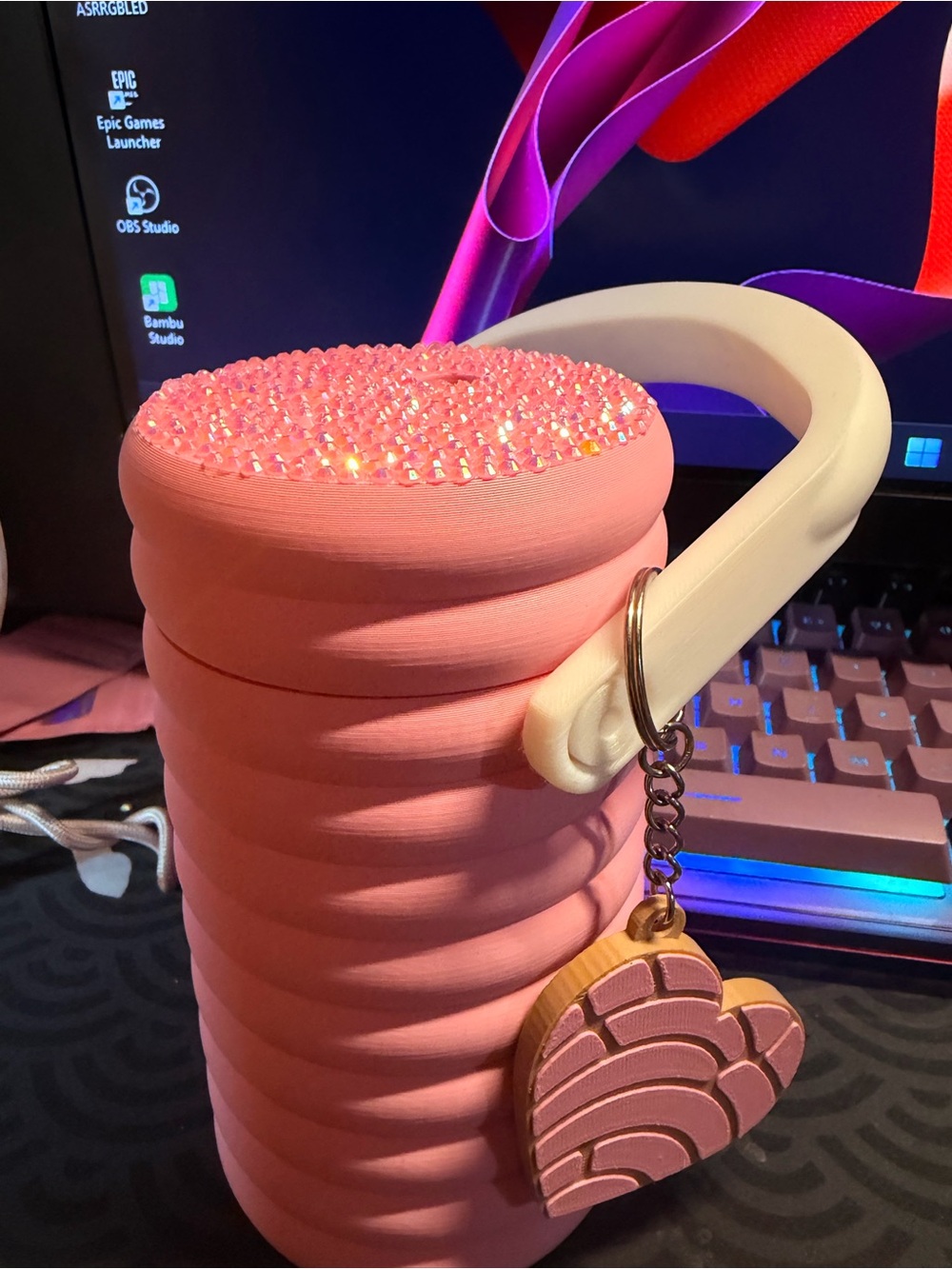 Pink Collapsible  Can Cooler with Heart Keychain